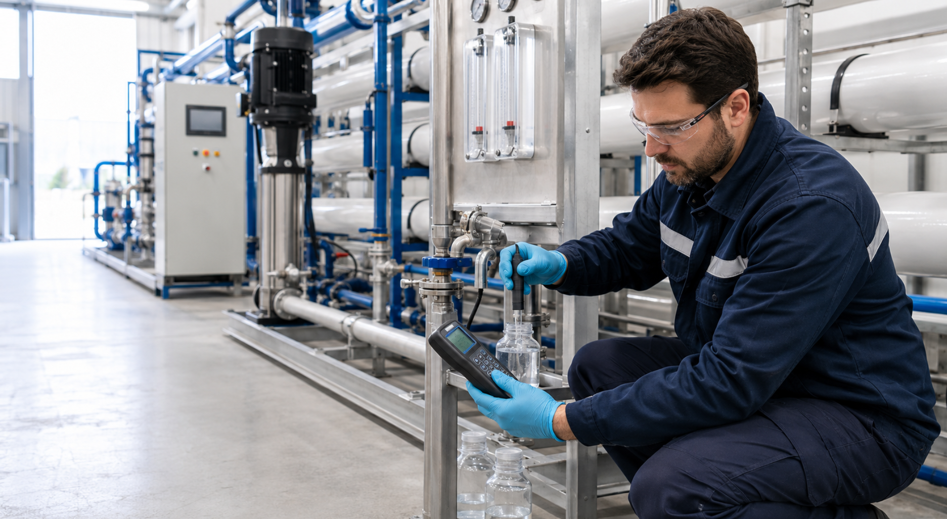 Engineer testing RO feedwater quality in an industrial reverse osmosis system.png
